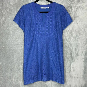 Isaac Mizrahi Large Shirt Top Blue Solid Short Sleeve Split Scoop Neck Lace Over